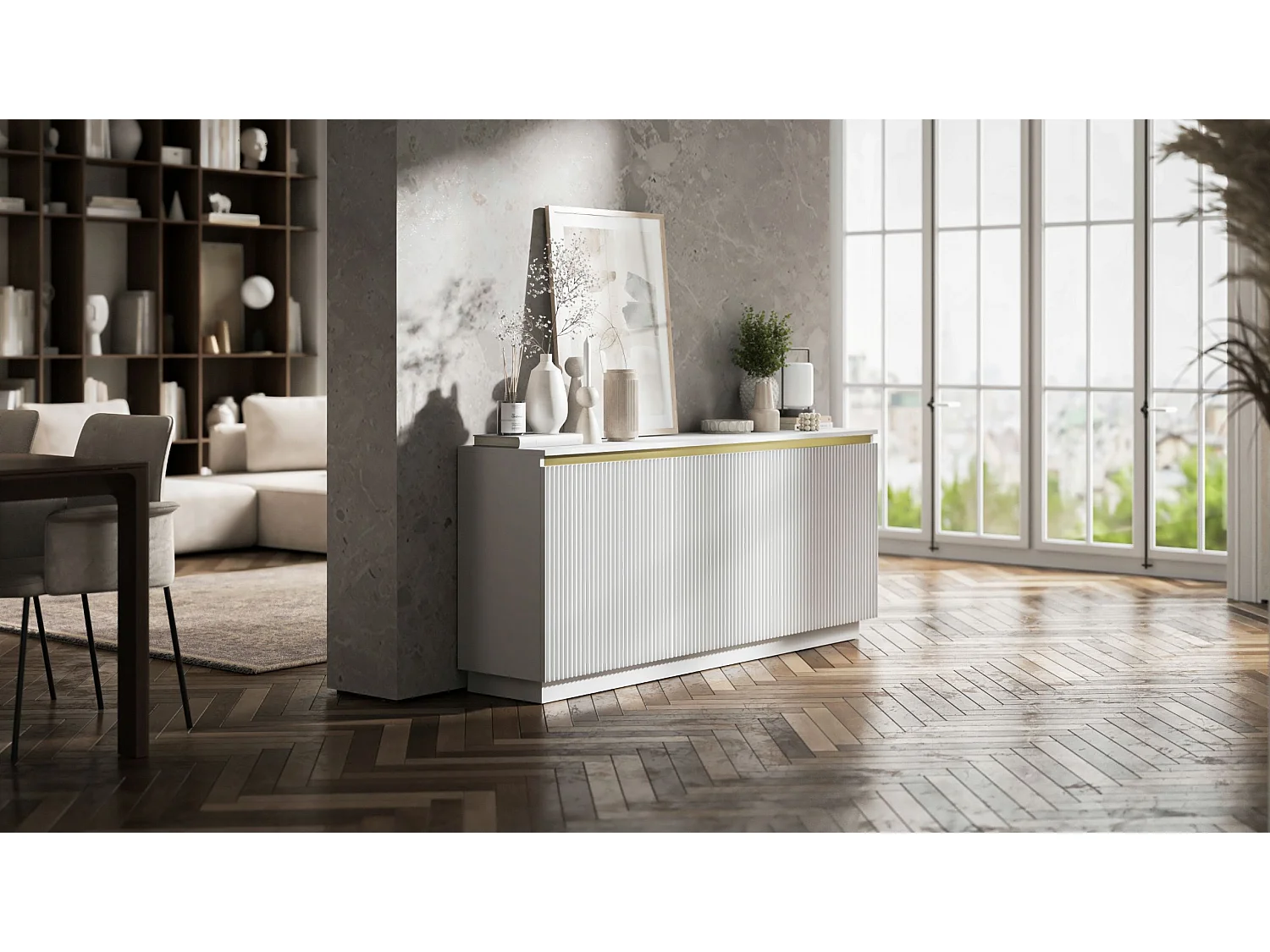 Commode à 3 portes – corps blanc mat, façades rainurées blanc mat – 166.8 cm, sur socle