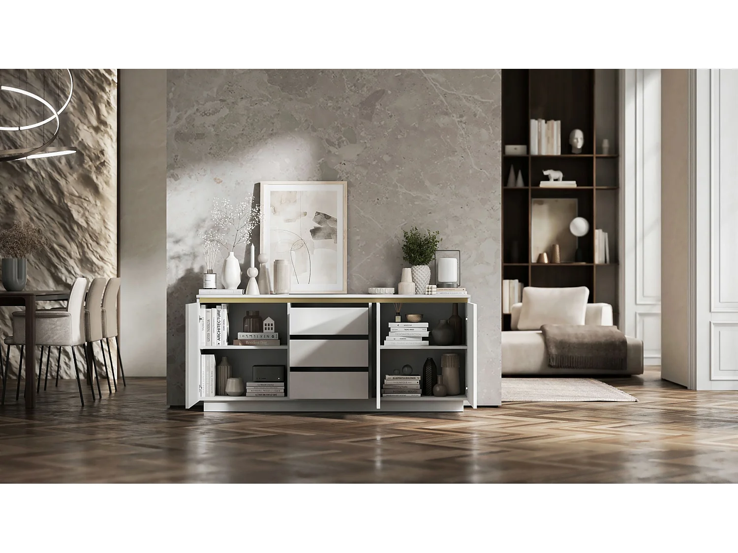 Commode à 3 portes – corps blanc mat, façades rainurées blanc mat – 166.8 cm, sur socle