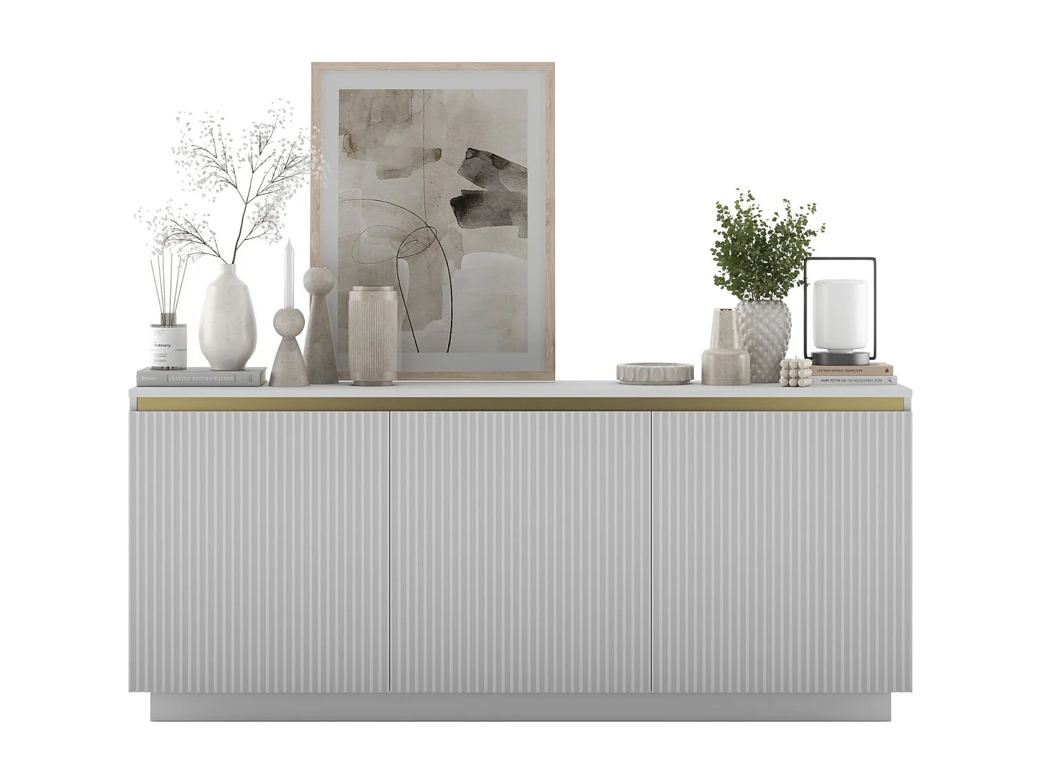 Commode à 3 portes – corps blanc mat, façades rainurées blanc mat – 166.8 cm, sur socle