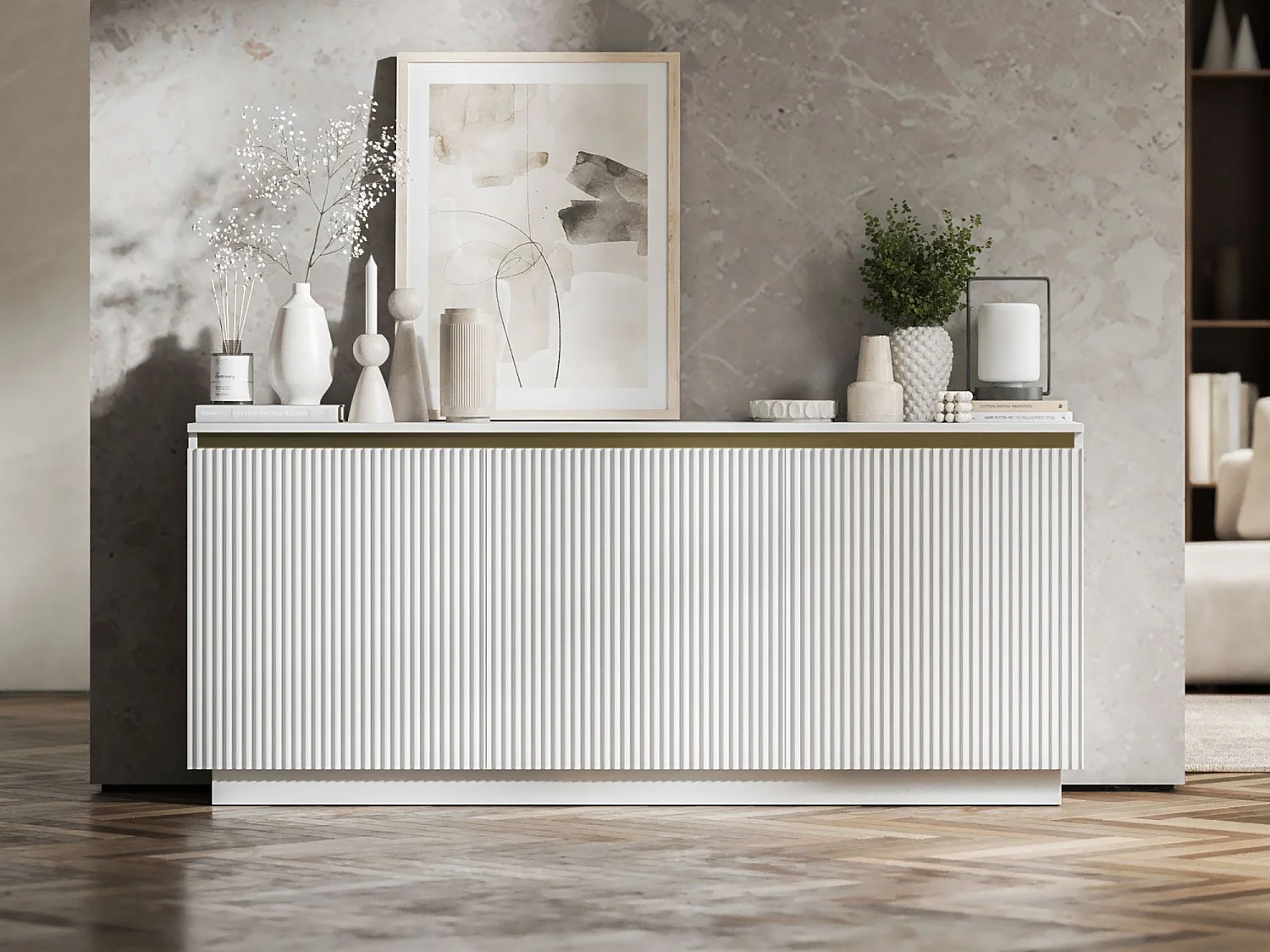 Commode à 3 portes – corps blanc mat, façades rainurées blanc mat – 166.8 cm, sur socle