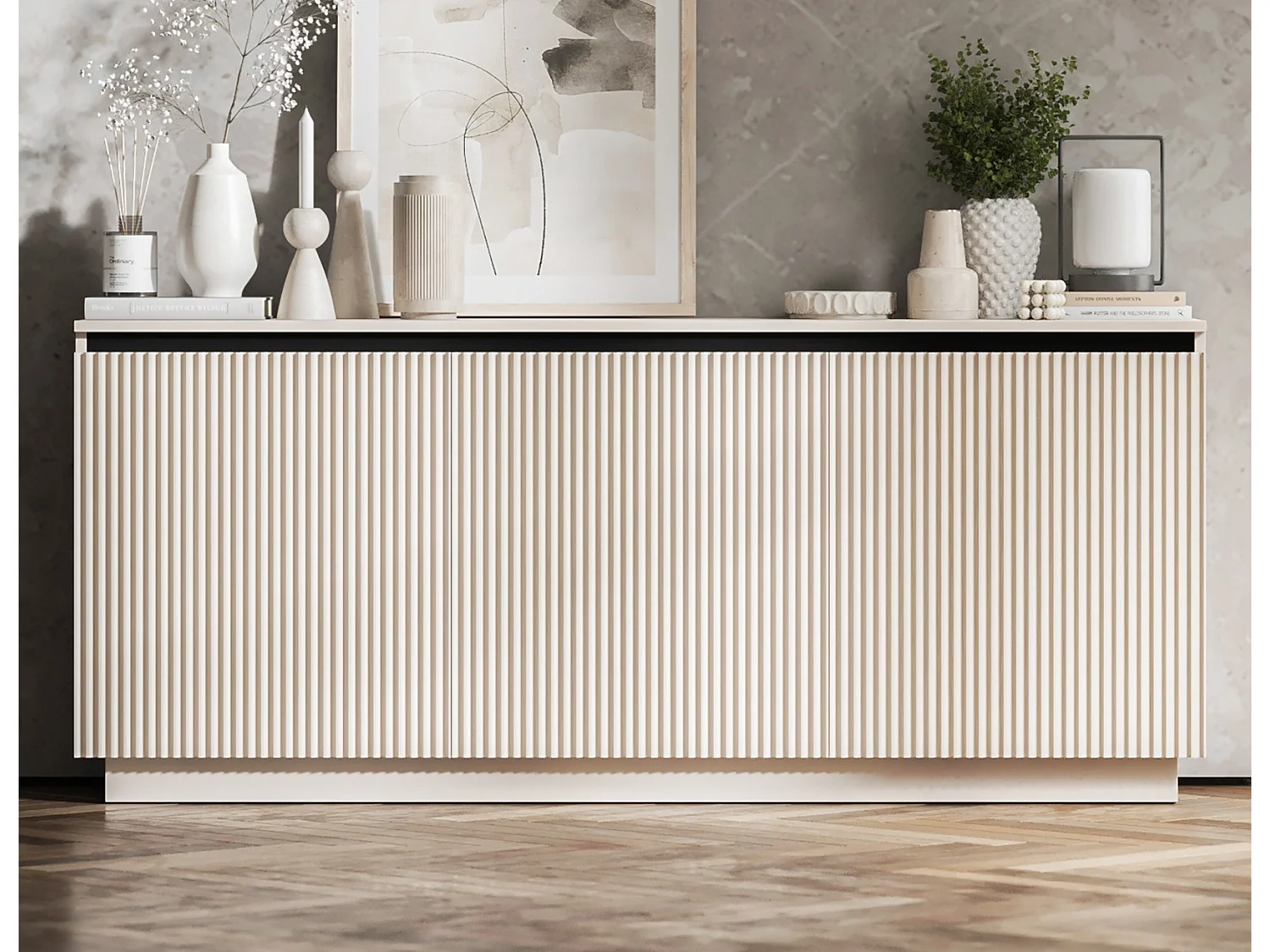 Commode à 3 portes – corps cachemire mat, façades rainurées cachemire mat – 166.8 cm, sur socle