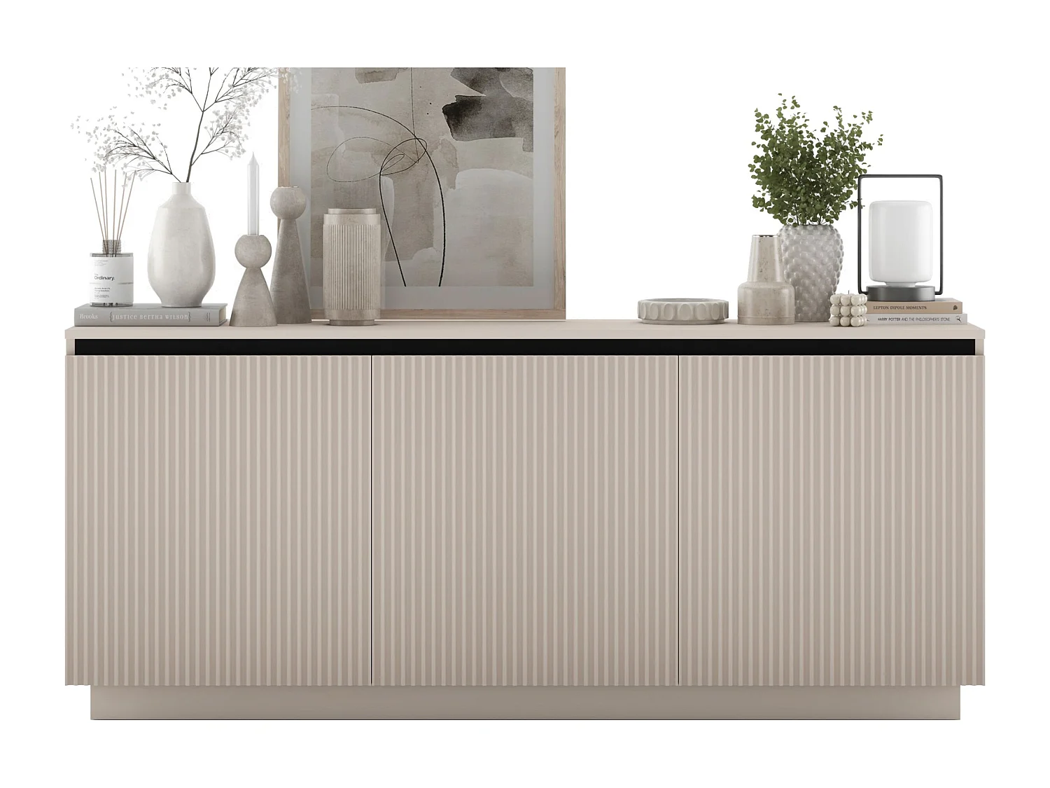 Commode à 3 portes – corps cachemire mat, façades rainurées cachemire mat – 166.8 cm, sur socle