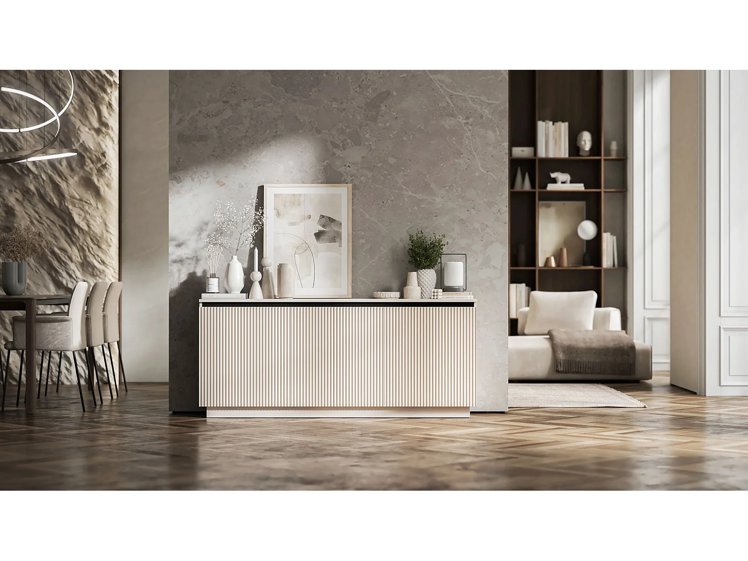 Commode à 3 portes – corps cachemire mat, façades rainurées cachemire mat – 166.8 cm, sur socle