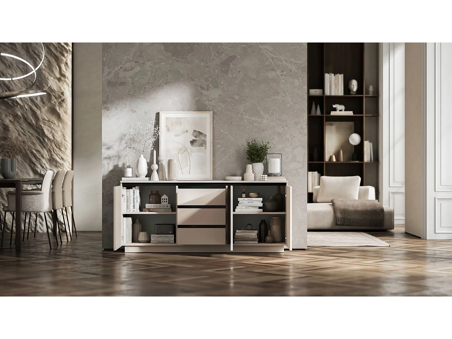 Commode à 3 portes – corps cachemire mat, façades rainurées cachemire mat – 166.8 cm, sur socle