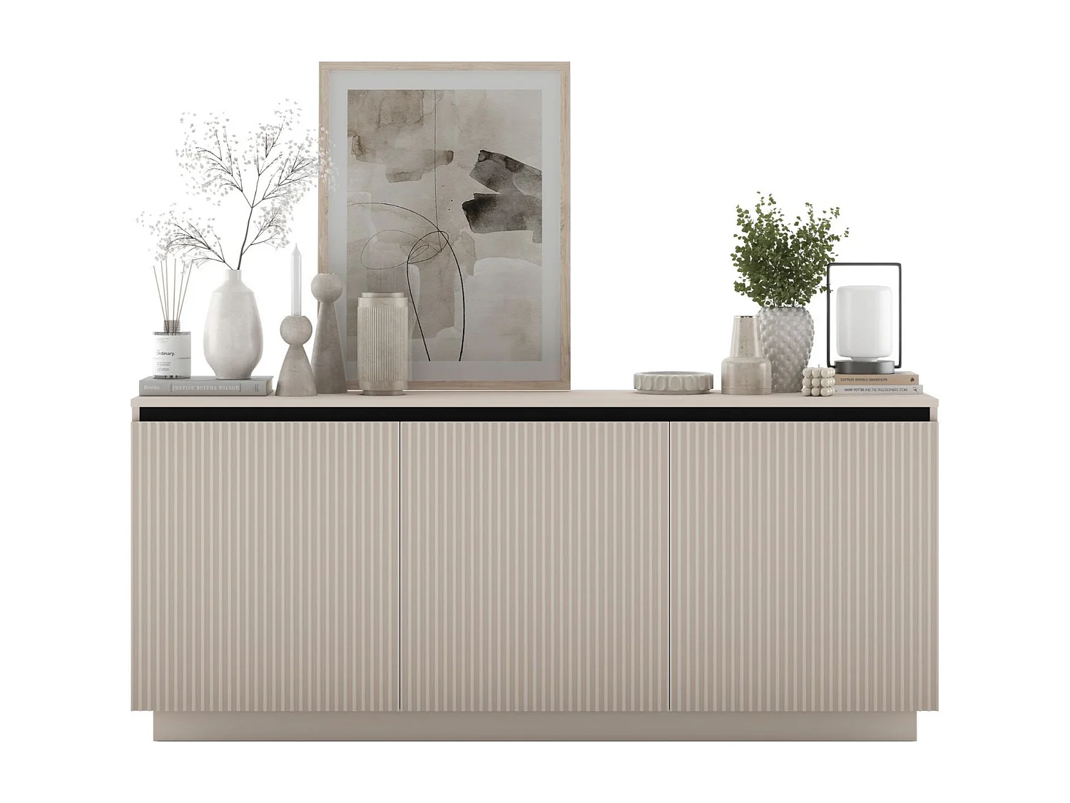 Commode à 3 portes – corps cachemire mat, façades rainurées cachemire mat – 166.8 cm, sur socle