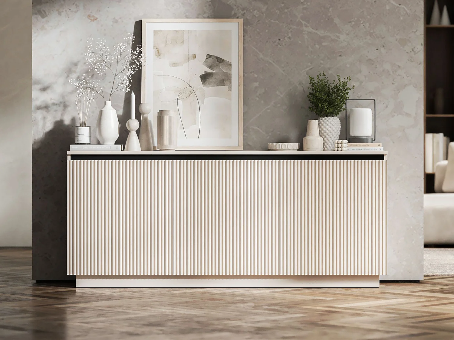Commode à 3 portes – corps cachemire mat, façades rainurées cachemire mat – 166.8 cm, sur socle