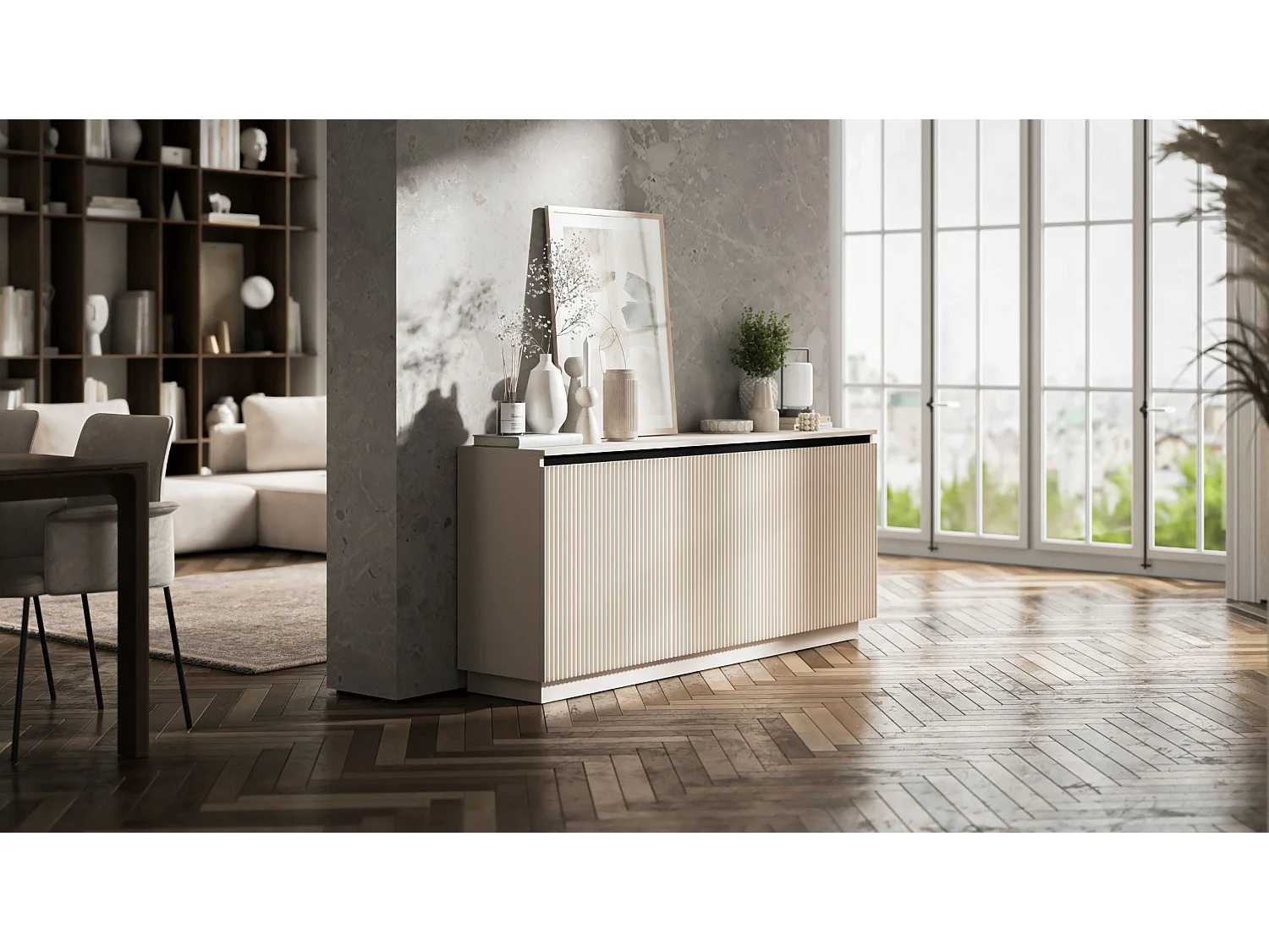 Commode à 3 portes – corps cachemire mat, façades rainurées cachemire mat – 166.8 cm, sur socle