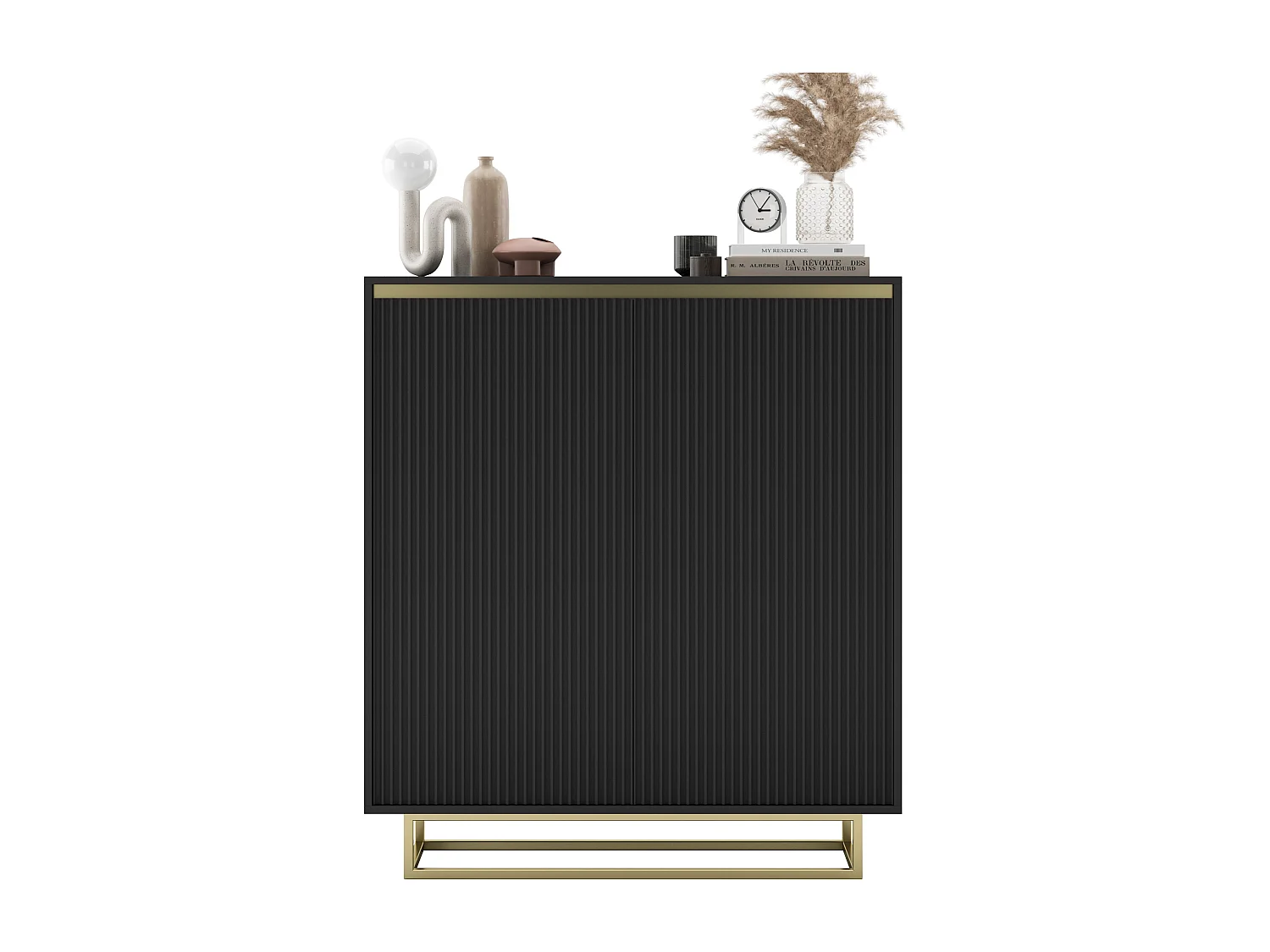 Commode à 2 portes – corps noir mat, façades rainurées noir mat – 110,8 cm, Cadre en métal doré