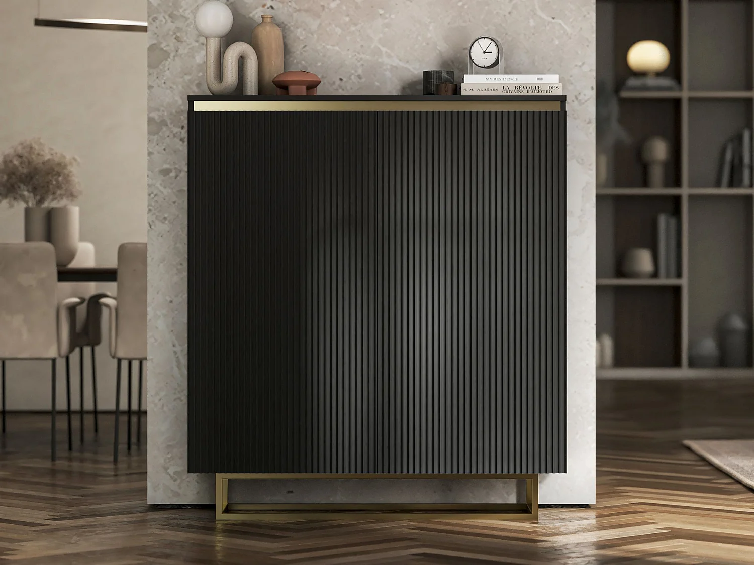 Dressoir met 2 deuren – mat zwart corpus, geribbelde fronten mat zwart – 110,8 cm, gouden metalen frame