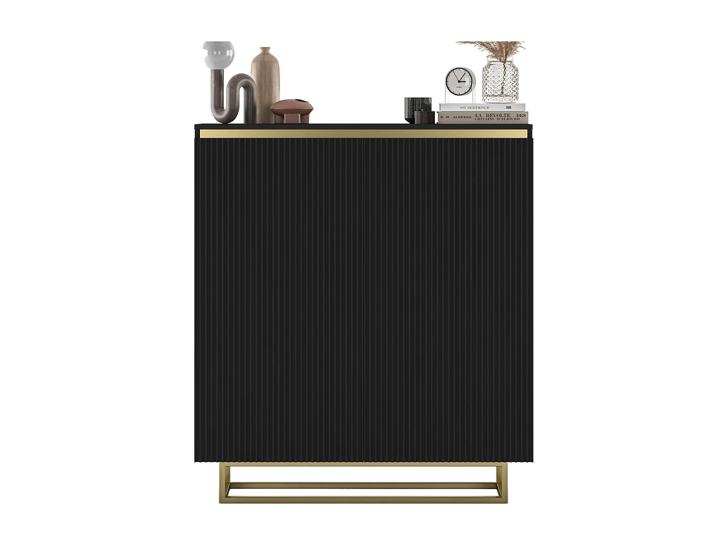 Dressoir met 2 deuren – mat zwart corpus, geribbelde fronten mat zwart – 110,8 cm, gouden metalen frame