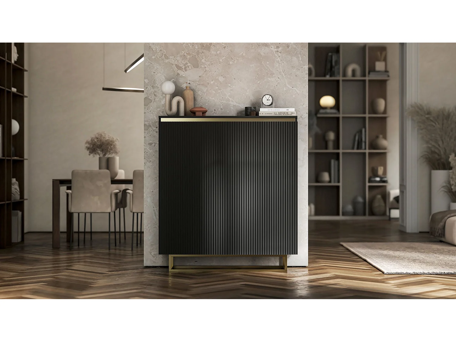 Dressoir met 2 deuren – mat zwart corpus, geribbelde fronten mat zwart – 110,8 cm, gouden metalen frame