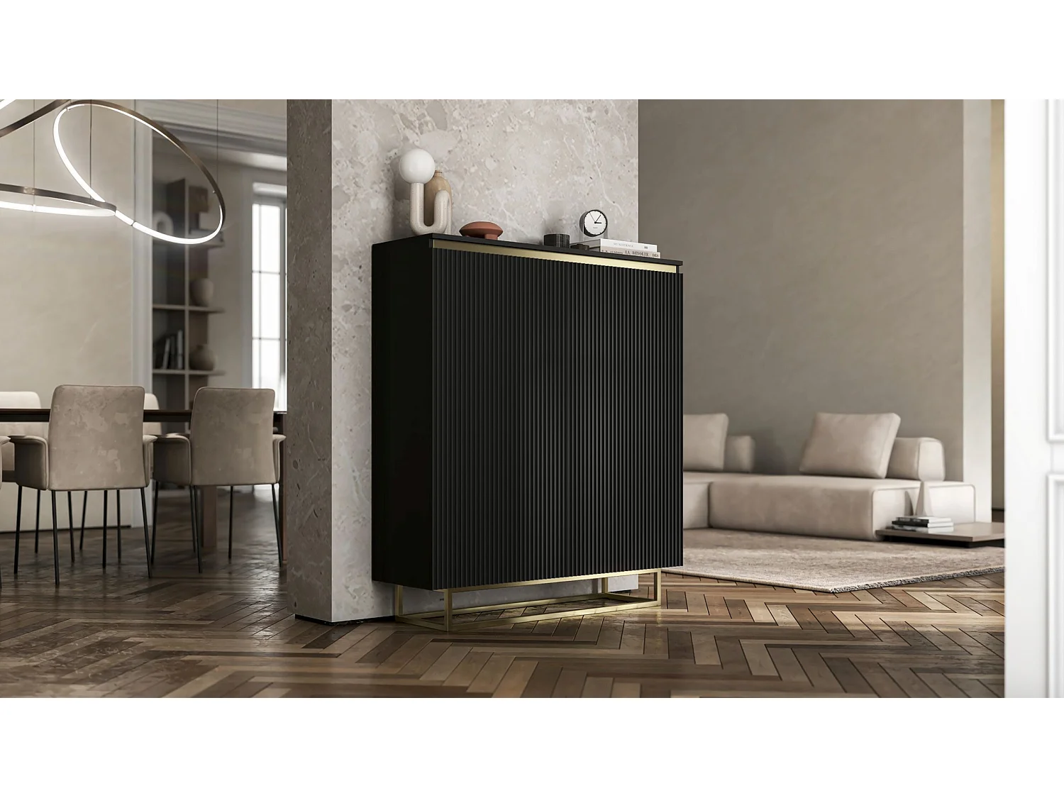 Dressoir met 2 deuren – mat zwart corpus, geribbelde fronten mat zwart – 110,8 cm, gouden metalen frame