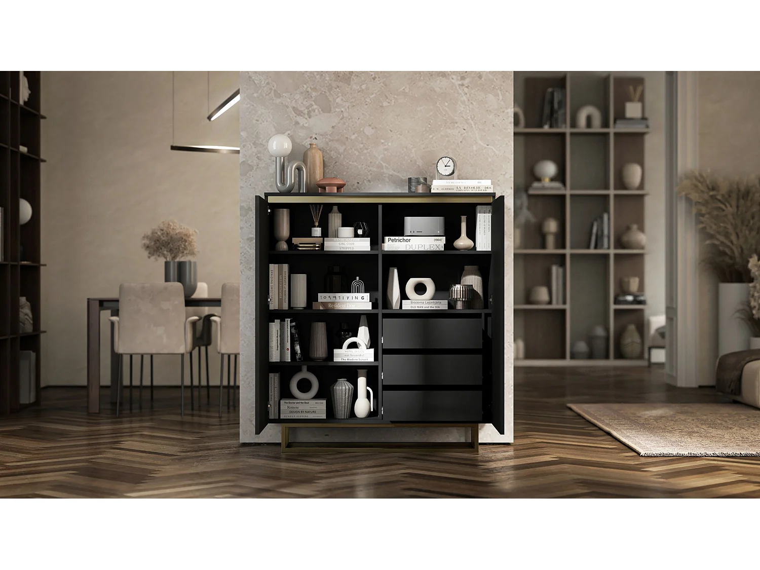 Dressoir met 2 deuren – mat zwart corpus, geribbelde fronten mat zwart – 110,8 cm, gouden metalen frame