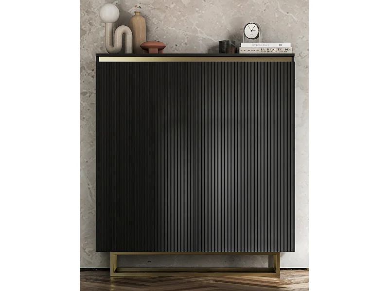 Commode à 2 portes – corps noir mat, façades rainurées noir mat – 110,8 cm, Cadre en métal doré