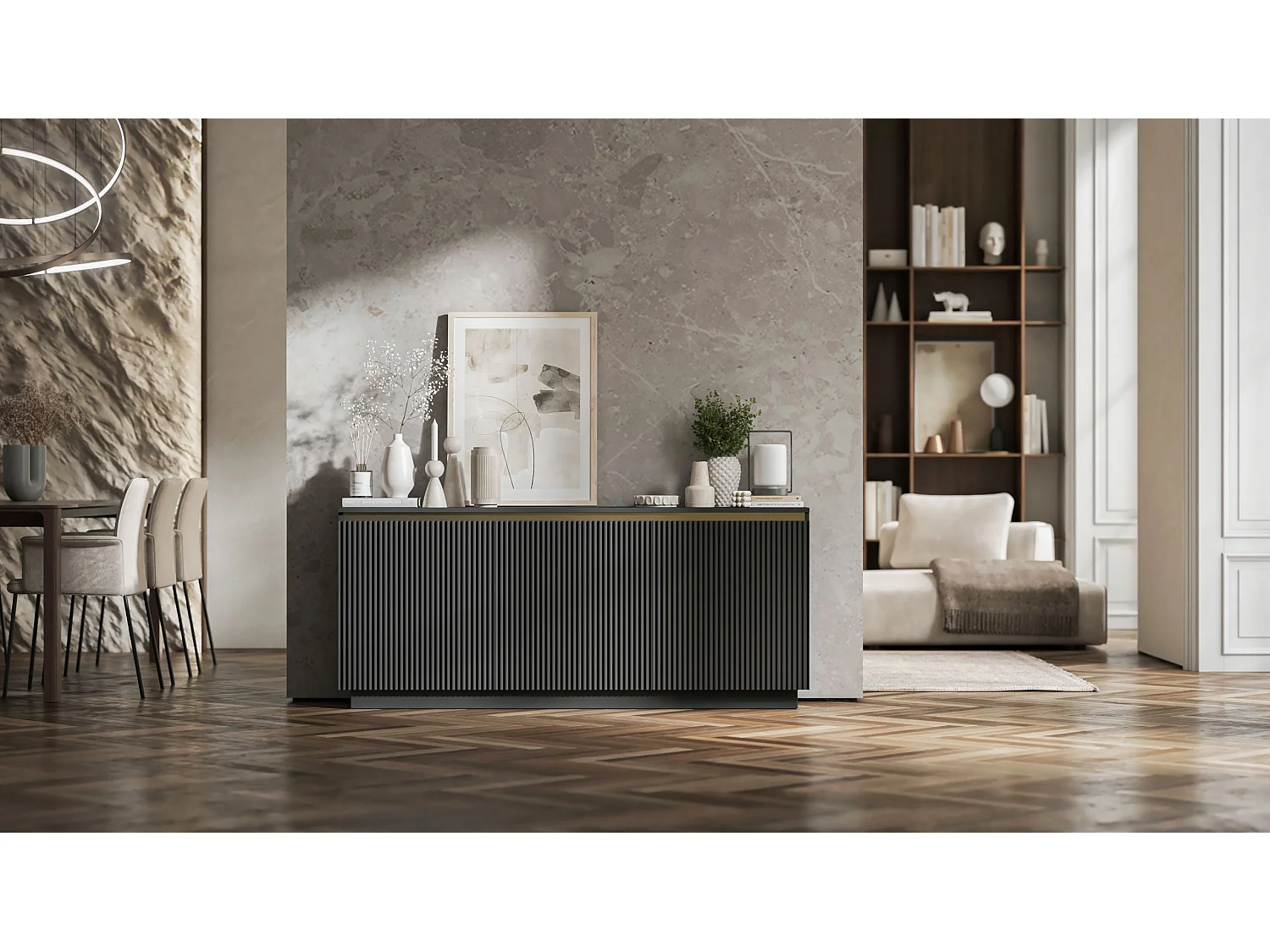Commode à 3 portes – corps noir mat, façades rainurées noir mat – 166.8 cm, sur socle