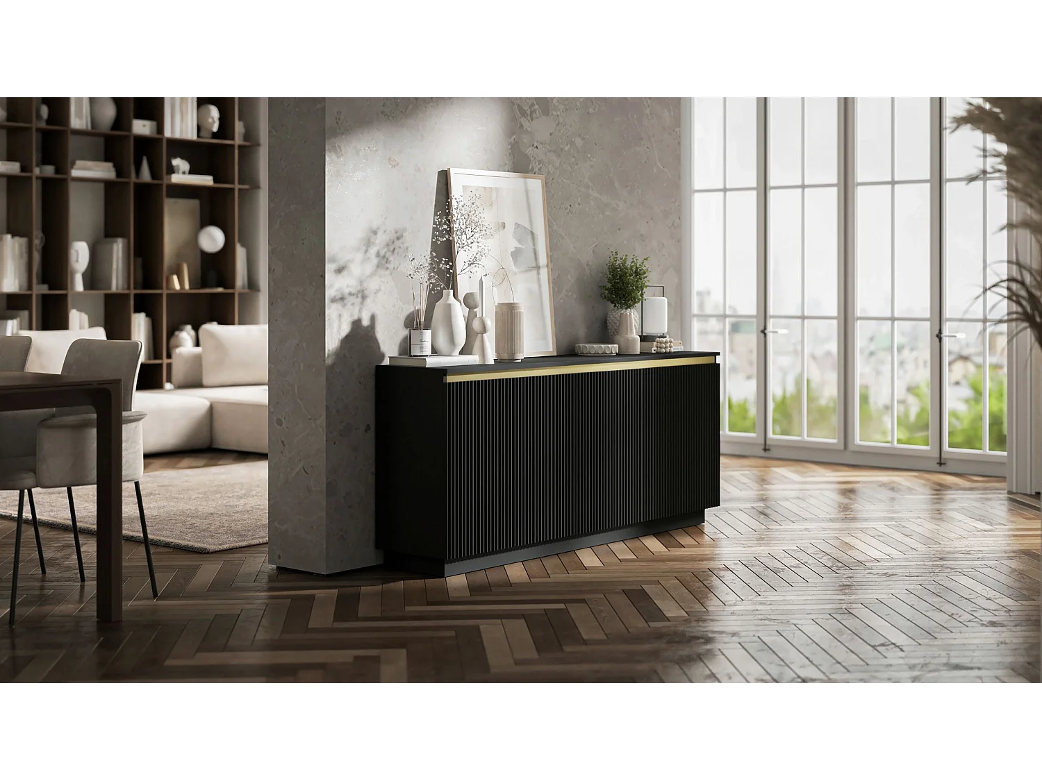 Commode à 3 portes – corps noir mat, façades rainurées noir mat – 166.8 cm, sur socle