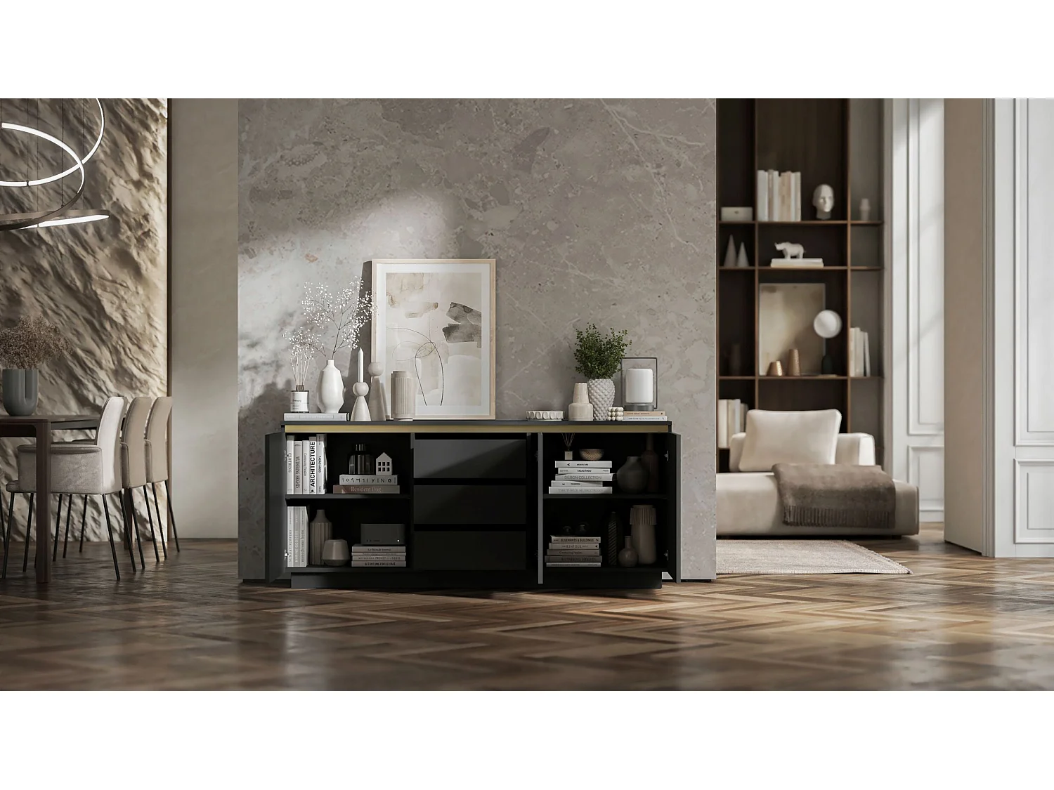 Commode à 3 portes – corps noir mat, façades rainurées noir mat – 166.8 cm, sur socle