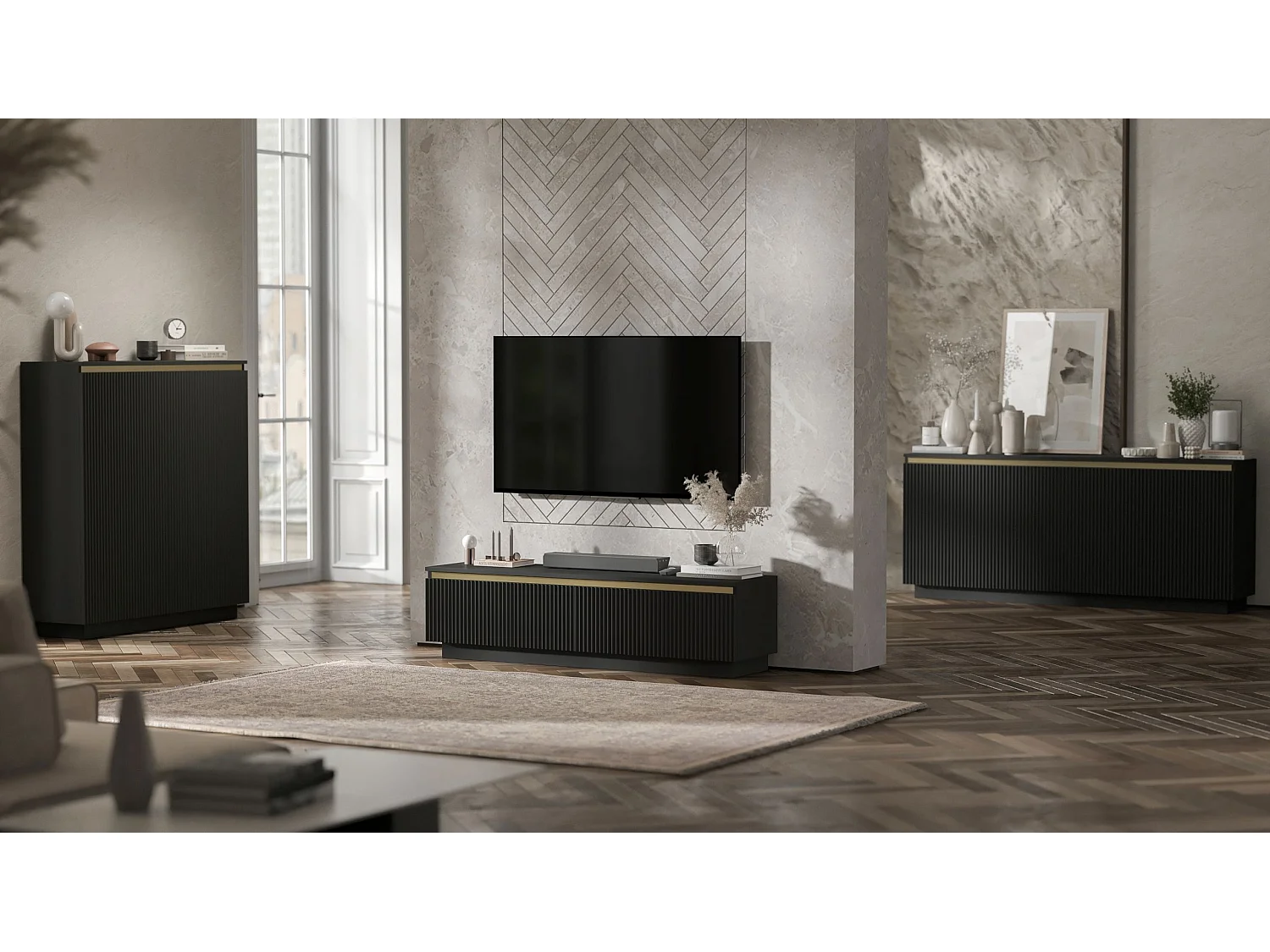 Commode à 3 portes – corps noir mat, façades rainurées noir mat – 166.8 cm, sur socle