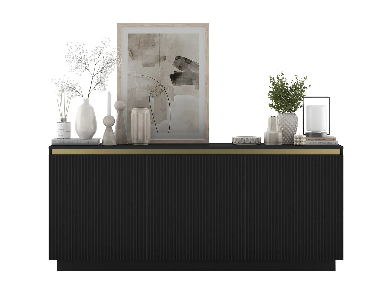 Commode à 3 portes – corps noir mat, façades rainurées noir mat – 166.8 cm, sur socle