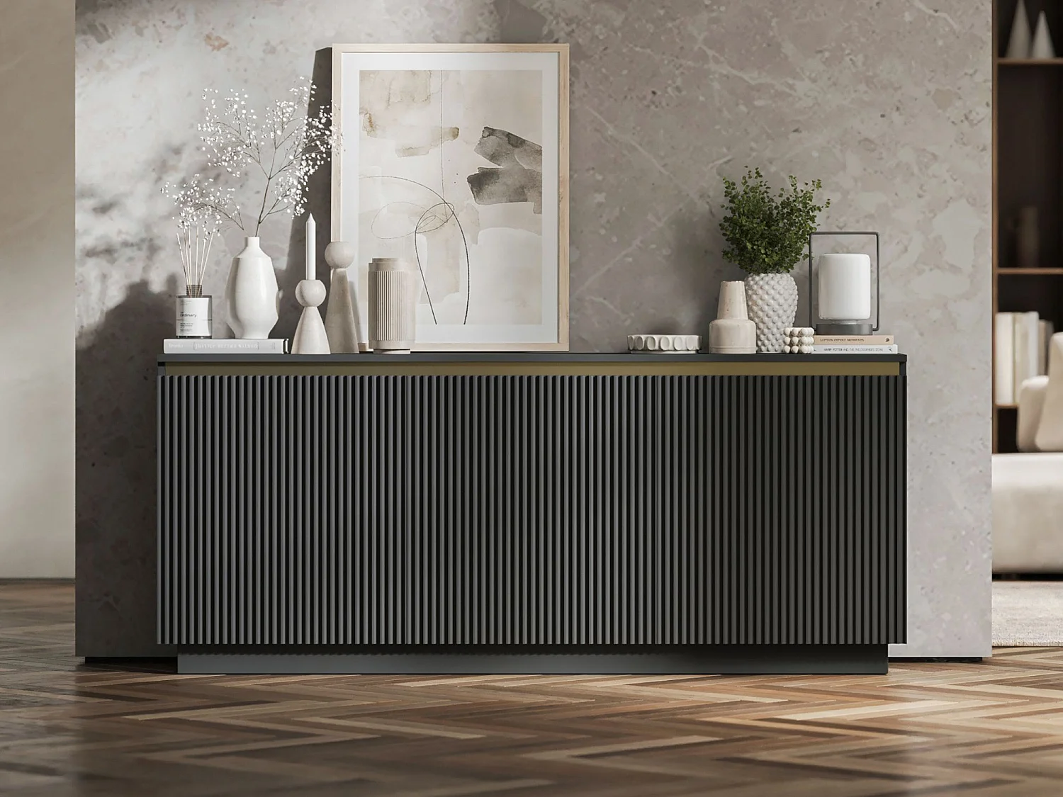 Commode à 3 portes – corps noir mat, façades rainurées noir mat – 166.8 cm, sur socle