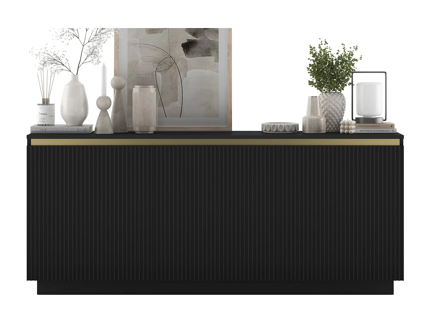 Commode à 3 portes – corps noir mat, façades rainurées noir mat – 166.8 cm, sur socle