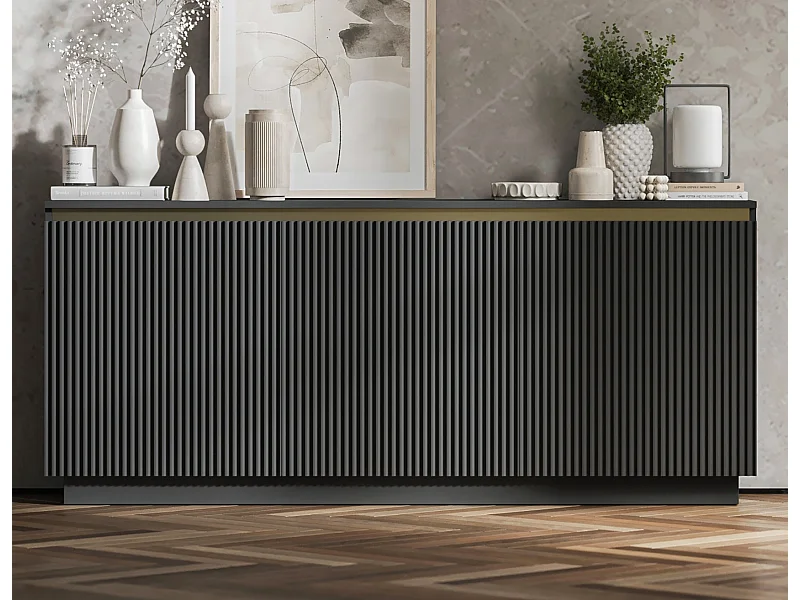 Commode à 3 portes – corps noir mat, façades rainurées noir mat – 166.8 cm, sur socle
