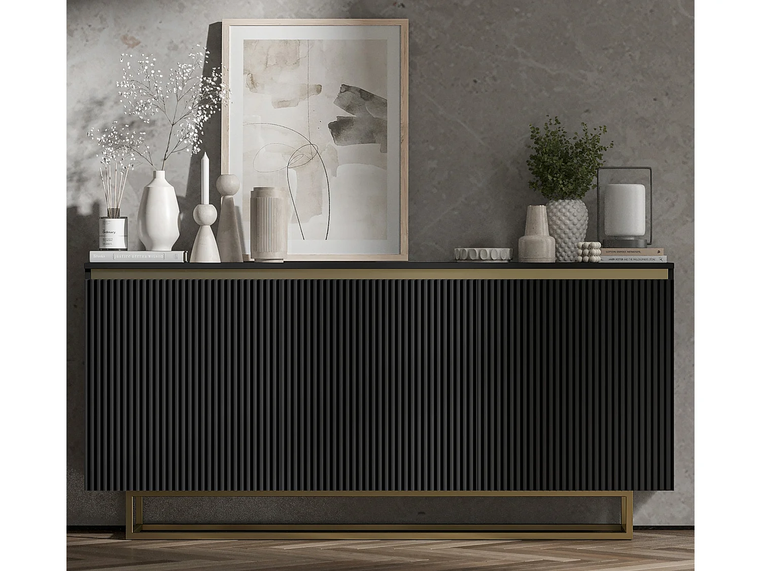 Commode à 3 portes – corps noir mat, façades rainurées noir mat – 166.8 cm, Cadre en métal doré