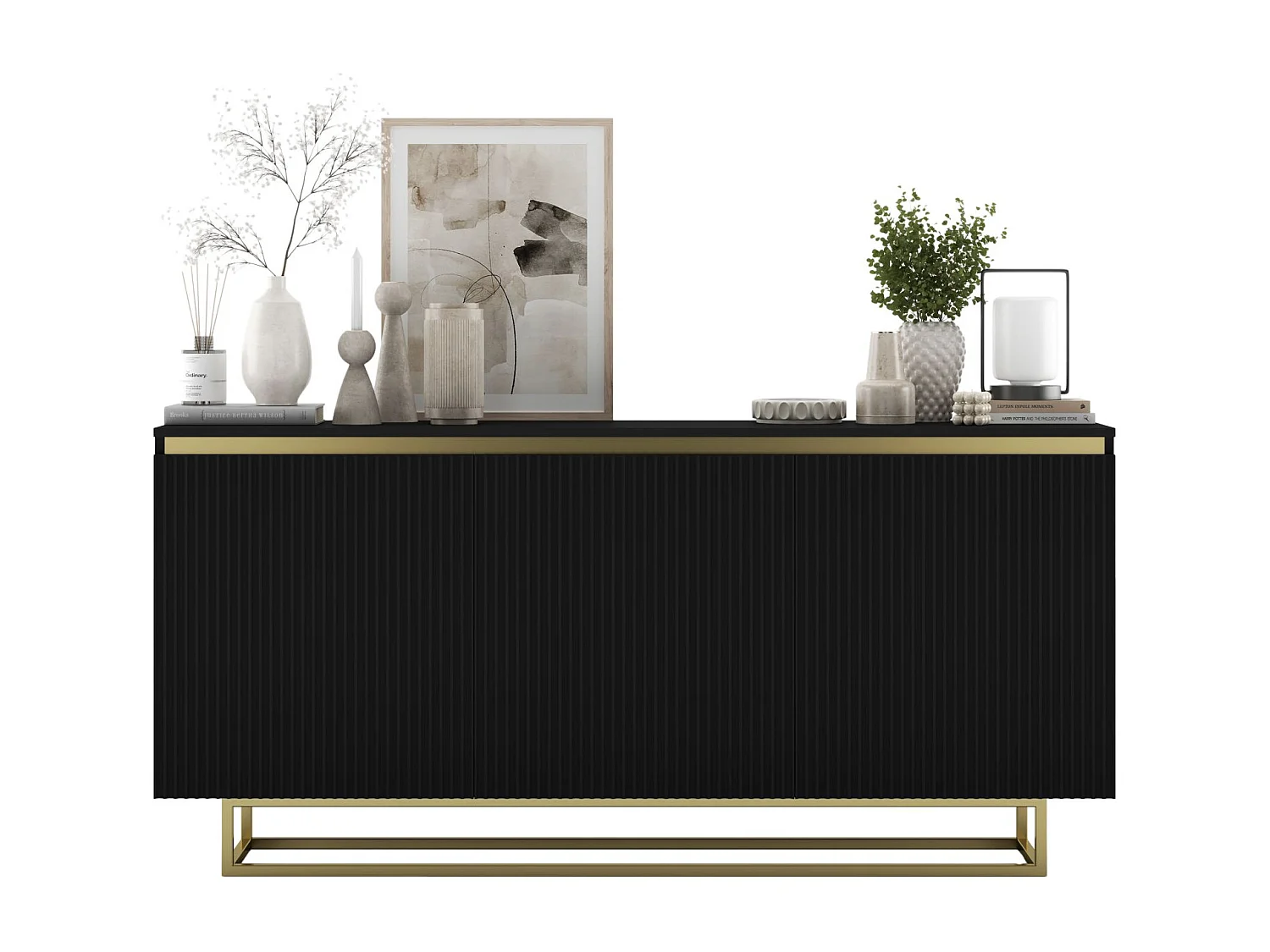 Commode à 3 portes – corps noir mat, façades rainurées noir mat – 166.8 cm, Cadre en métal doré