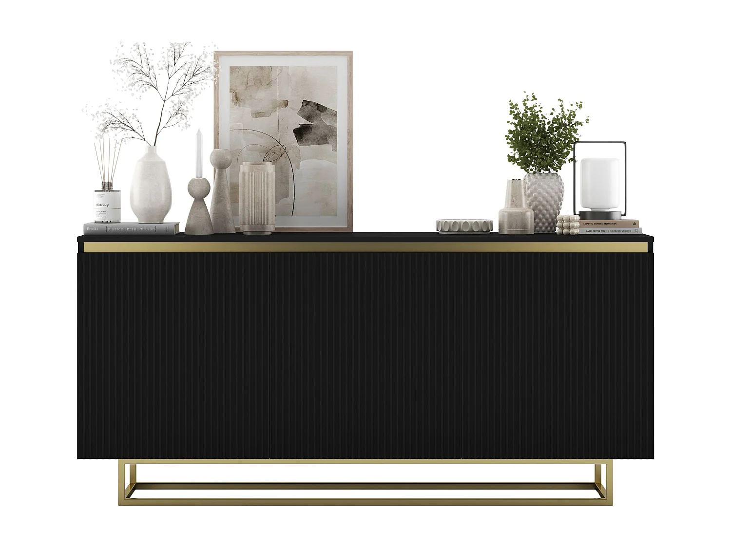 Commode à 3 portes – corps noir mat, façades rainurées noir mat – 166.8 cm, Cadre en métal doré