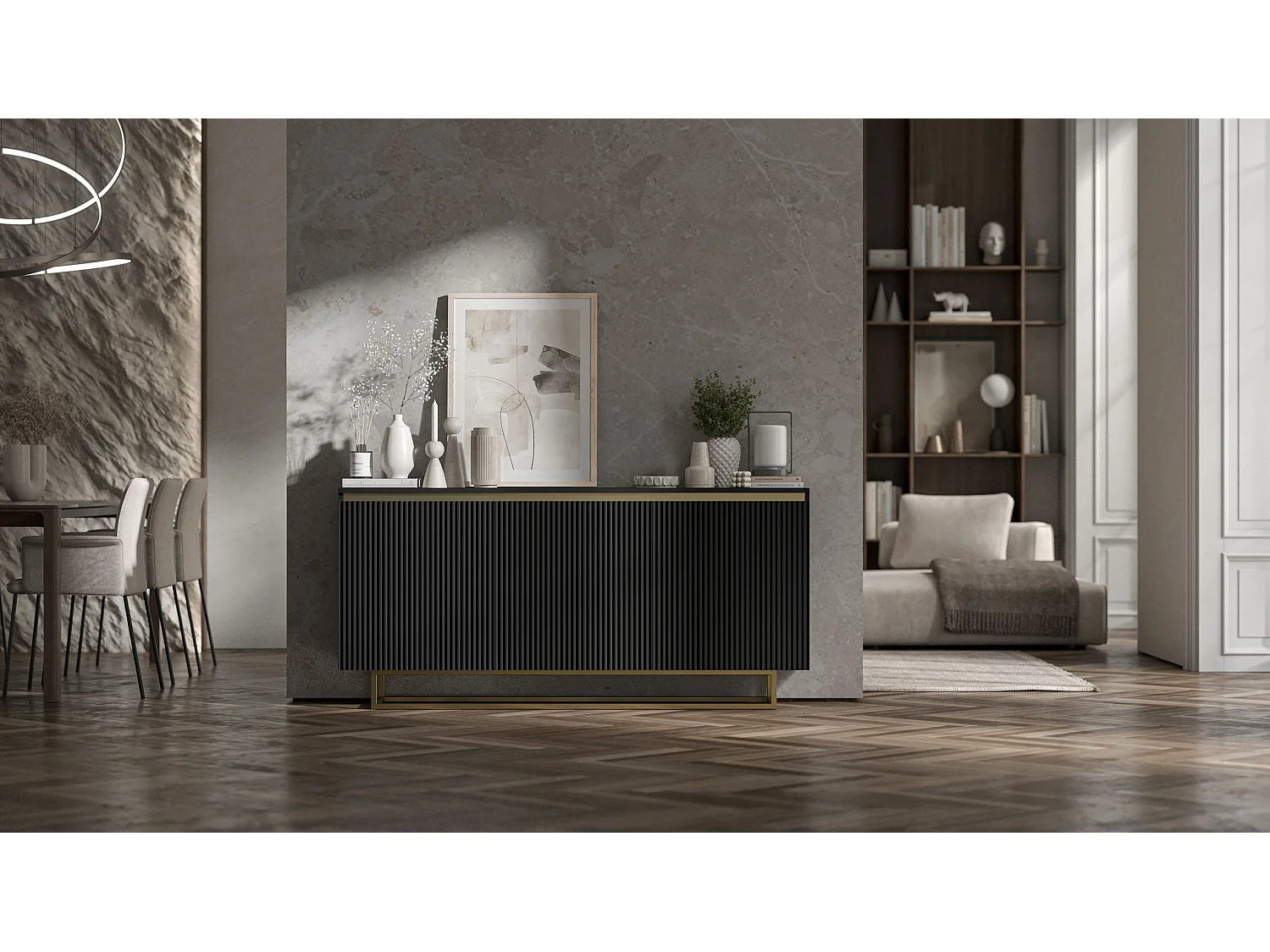 Commode à 3 portes – corps noir mat, façades rainurées noir mat – 166.8 cm, Cadre en métal doré