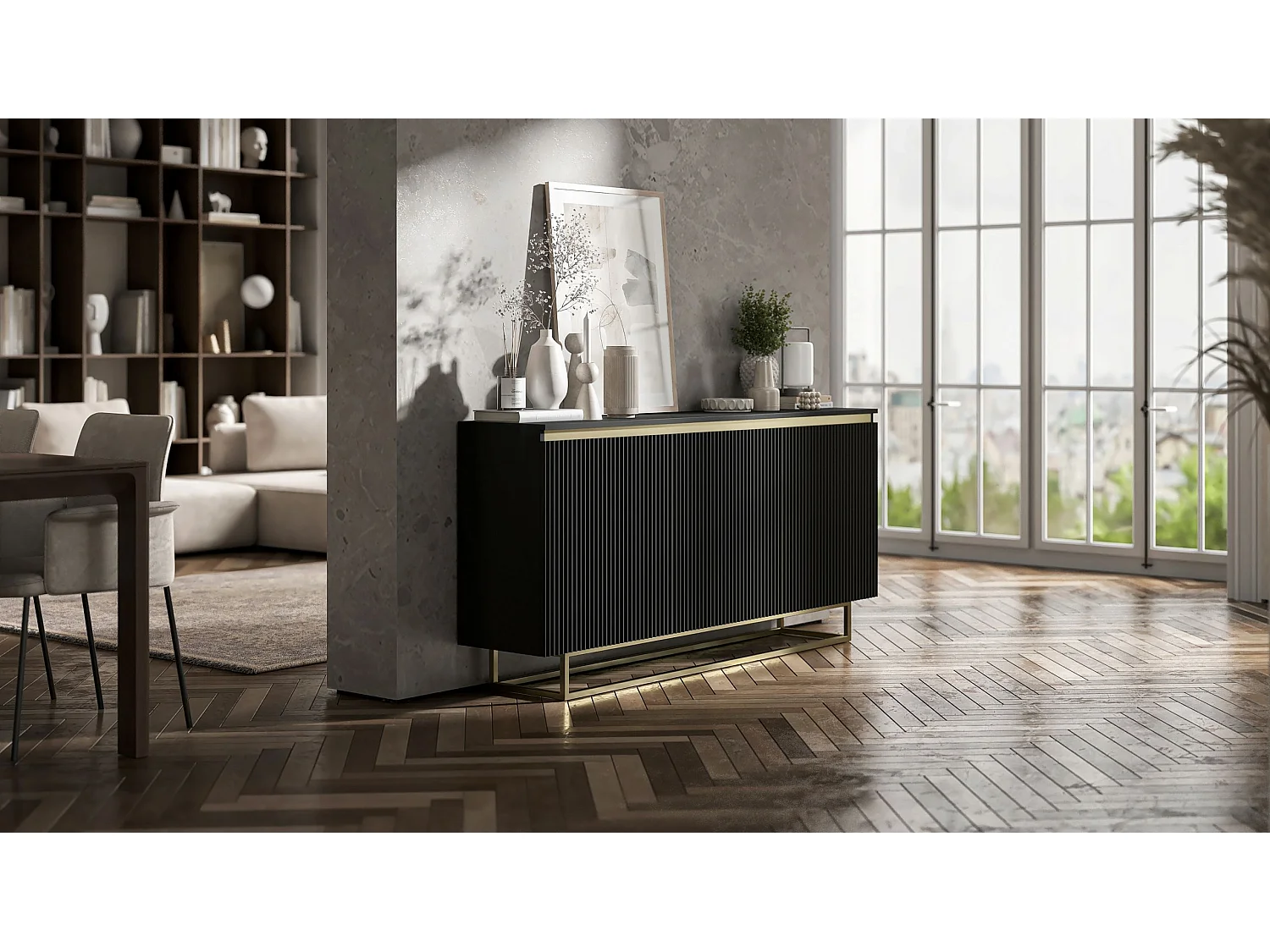 Commode à 3 portes – corps noir mat, façades rainurées noir mat – 166.8 cm, Cadre en métal doré