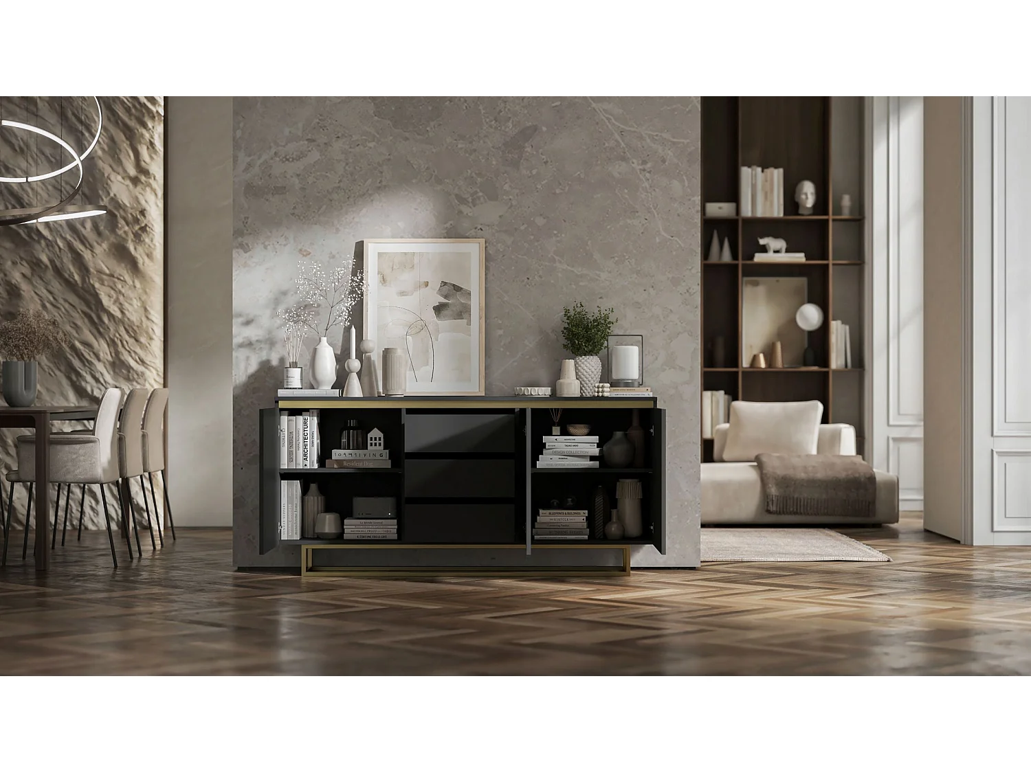 Commode à 3 portes – corps noir mat, façades rainurées noir mat – 166.8 cm, Cadre en métal doré