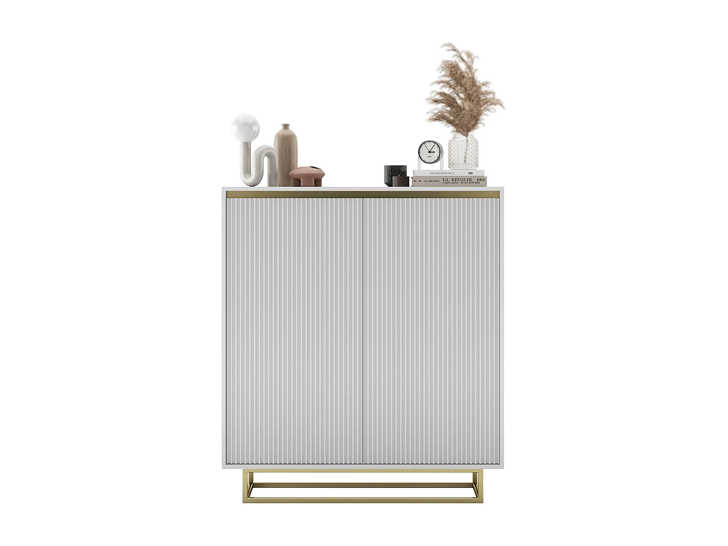 Commode à 2 portes – corps blanc mat, façades rainurées blanc mat – 110,8 cm, Cadre en métal doré