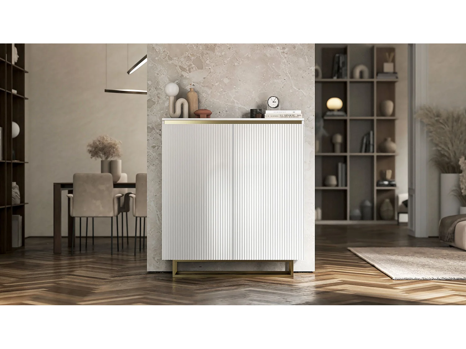 Commode à 2 portes – corps blanc mat, façades rainurées blanc mat – 110,8 cm, Cadre en métal doré