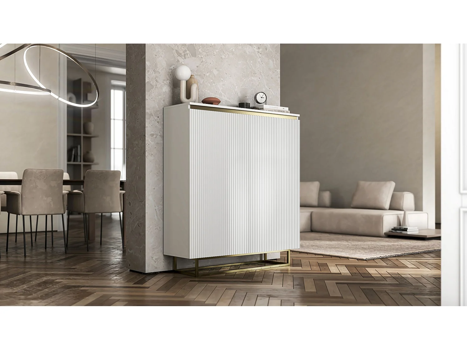 Commode à 2 portes – corps blanc mat, façades rainurées blanc mat – 110,8 cm, Cadre en métal doré