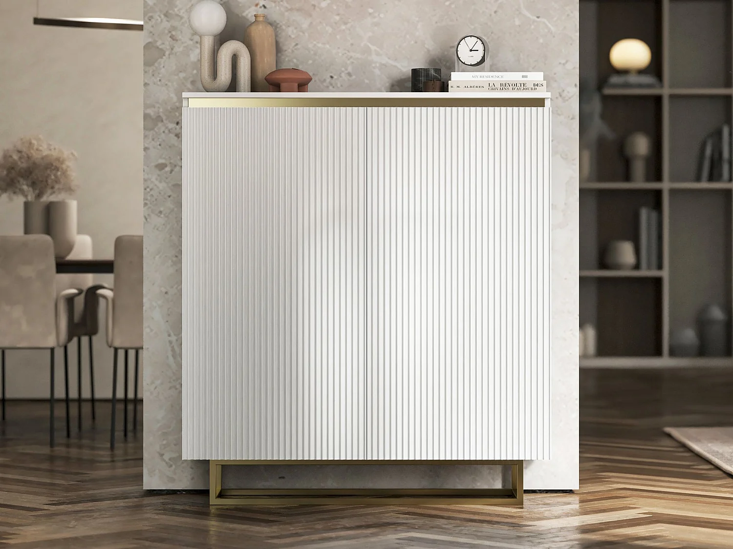 Commode à 2 portes – corps blanc mat, façades rainurées blanc mat – 110,8 cm, Cadre en métal doré