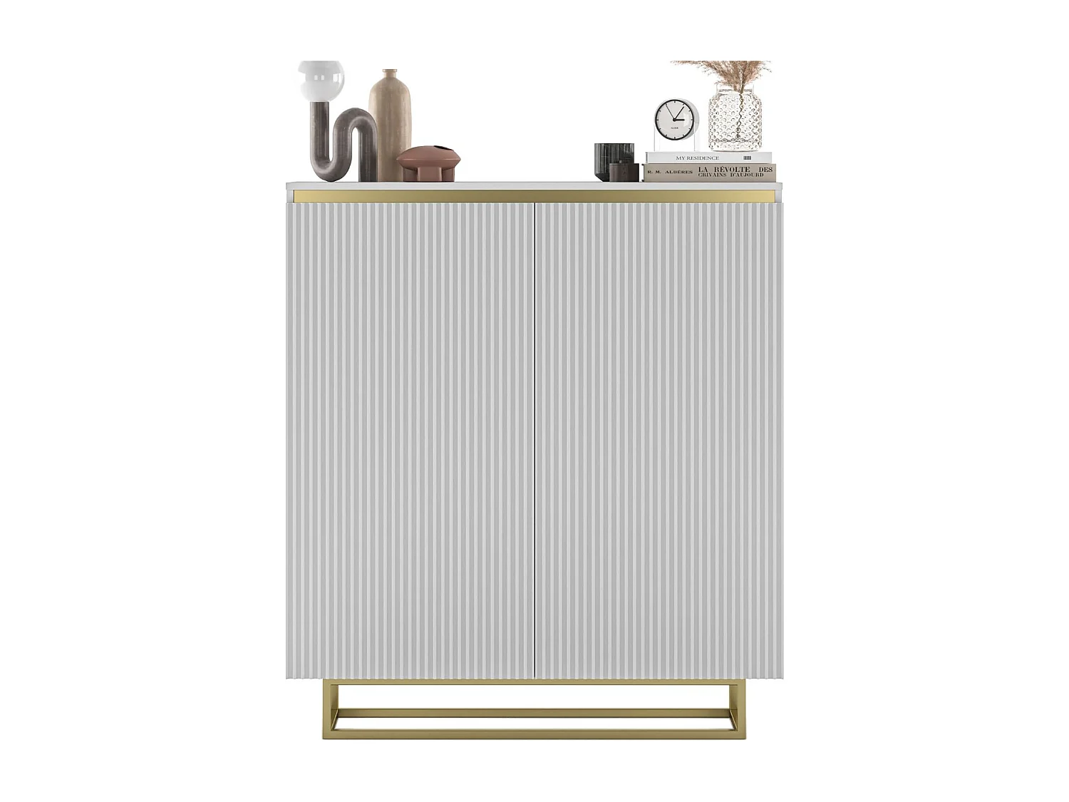 Commode à 2 portes – corps blanc mat, façades rainurées blanc mat – 110,8 cm, Cadre en métal doré