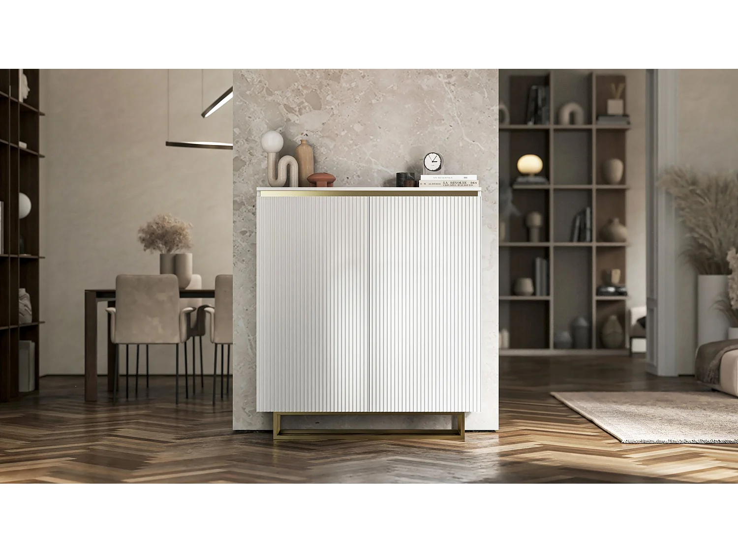 Commode à 2 portes – corps blanc mat, façades rainurées blanc mat – 110,8 cm, Cadre en métal doré