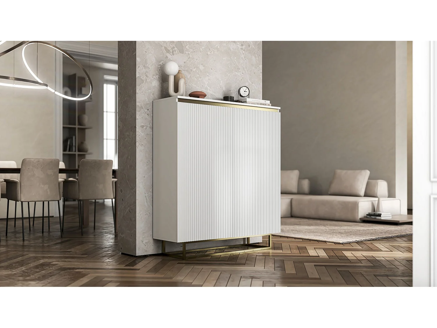 Commode à 2 portes – corps blanc mat, façades rainurées blanc mat – 110,8 cm, Cadre en métal doré