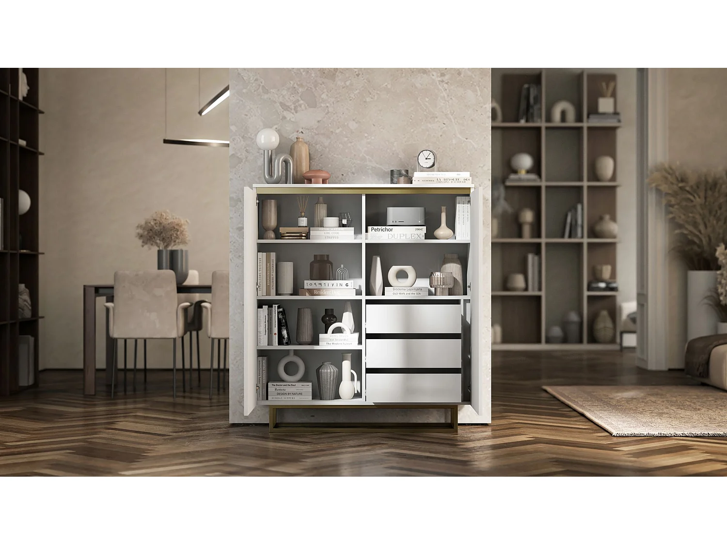 Commode à 2 portes – corps blanc mat, façades rainurées blanc mat – 110,8 cm, Cadre en métal doré