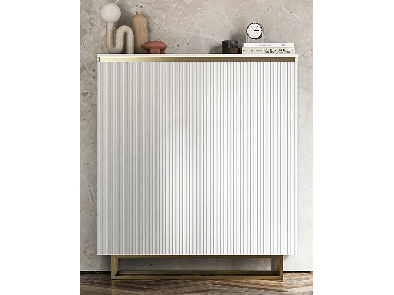 Commode à 2 portes – corps blanc mat, façades rainurées blanc mat – 110,8 cm, Cadre en métal doré