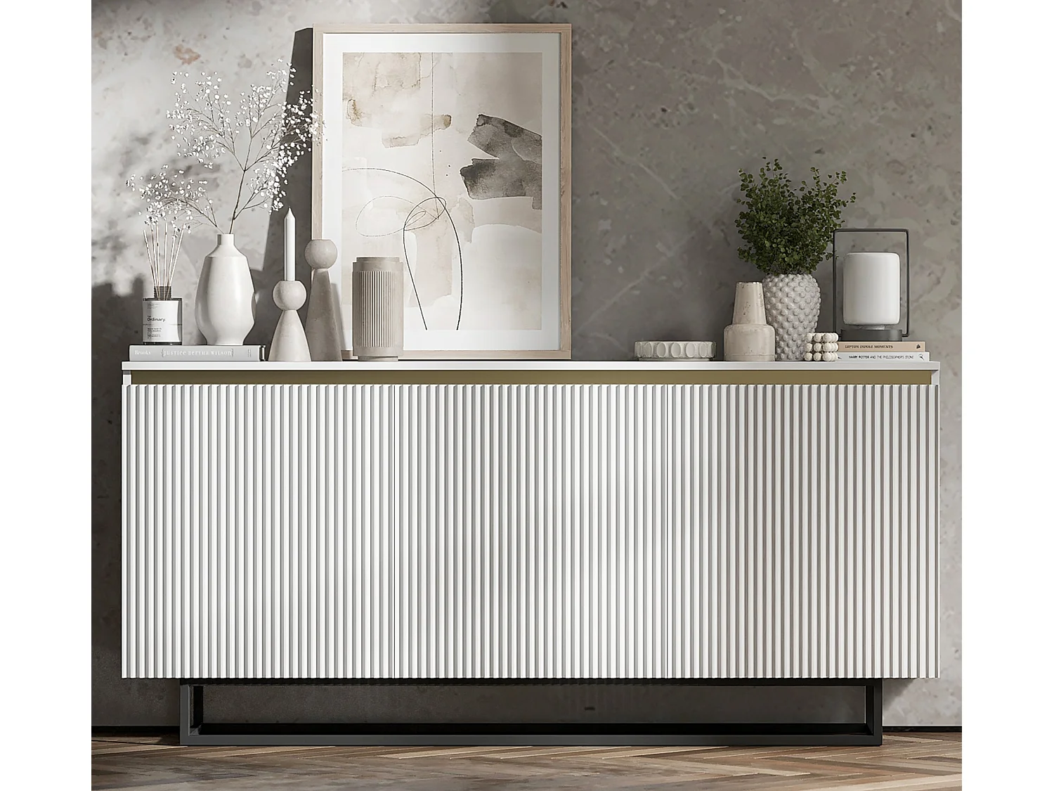 Commode à 3 portes – corps blanc mat, façades rainurées blanc mat – 166.8 cm, Cadre en métal noir