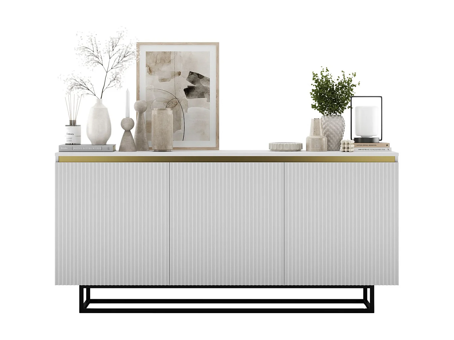 Commode à 3 portes – corps blanc mat, façades rainurées blanc mat – 166.8 cm, Cadre en métal noir