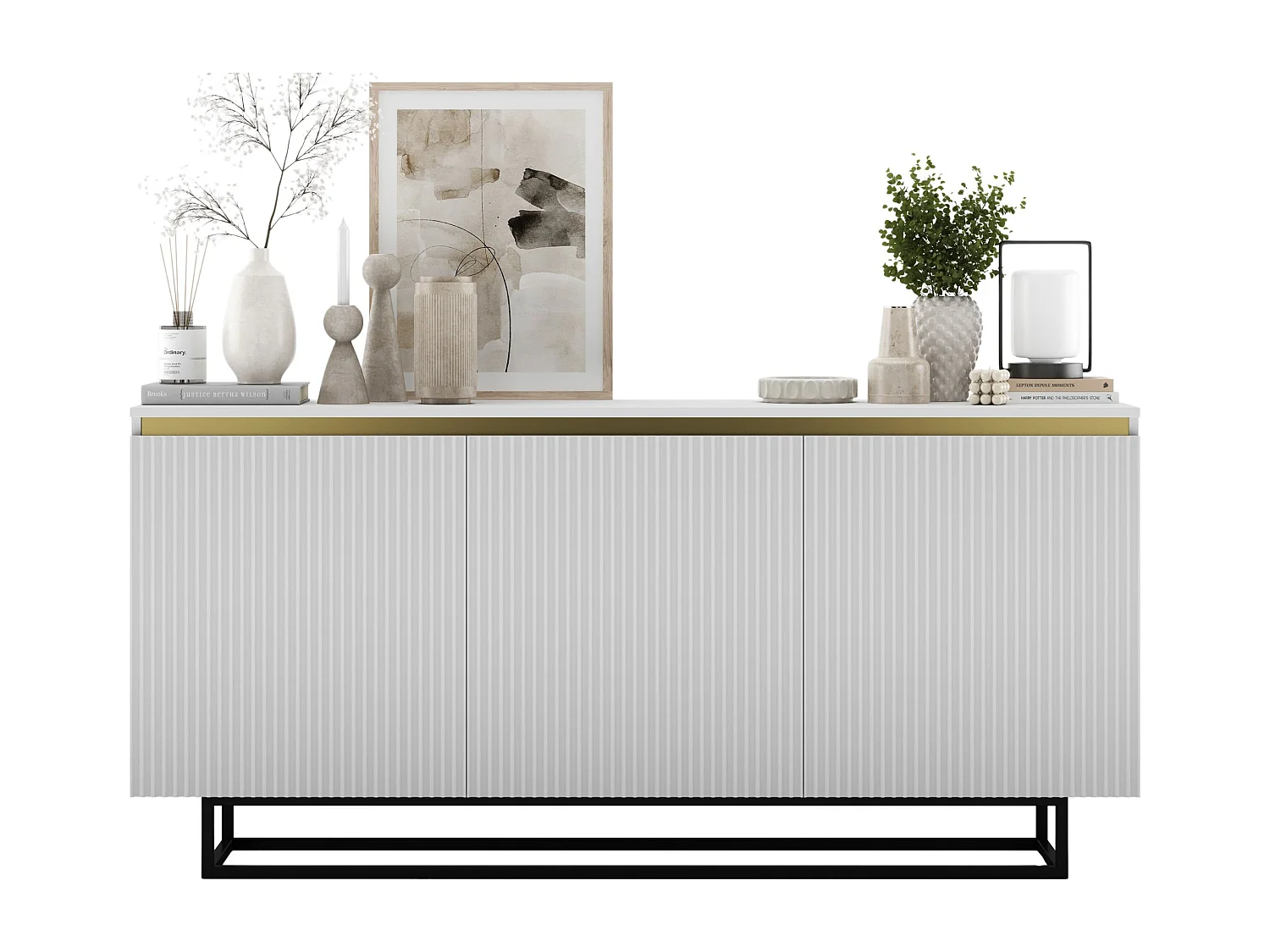 Commode à 3 portes – corps blanc mat, façades rainurées blanc mat – 166.8 cm, Cadre en métal noir