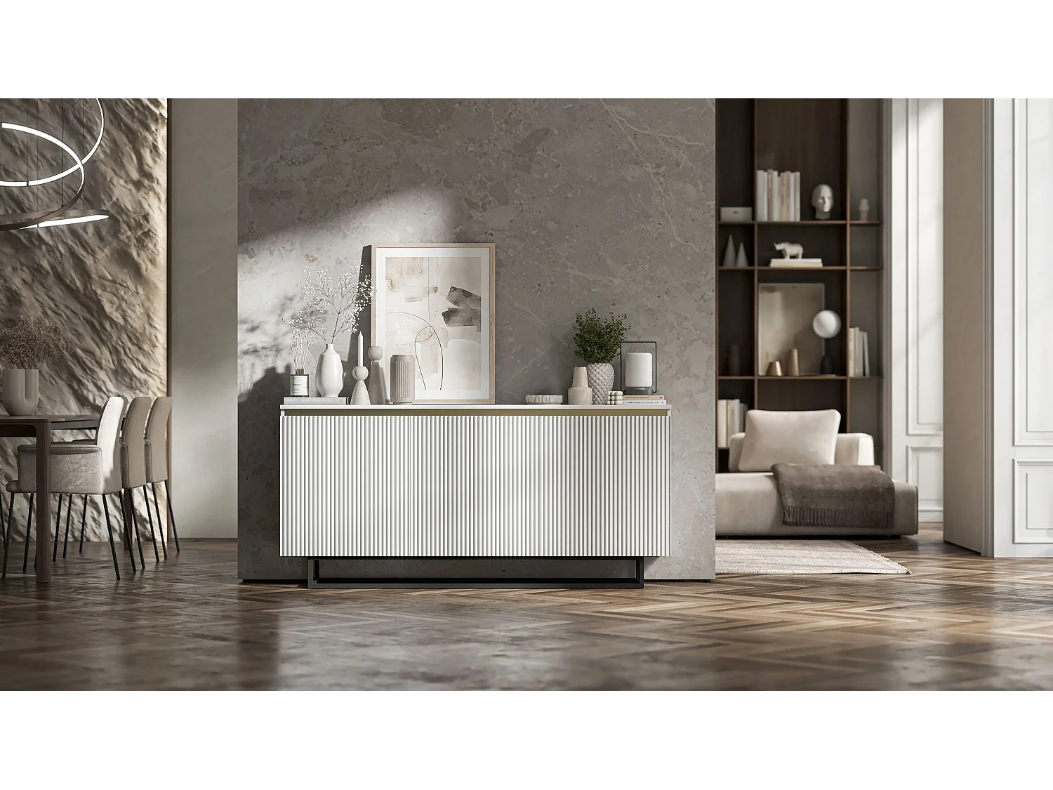 Commode à 3 portes – corps blanc mat, façades rainurées blanc mat – 166.8 cm, Cadre en métal noir