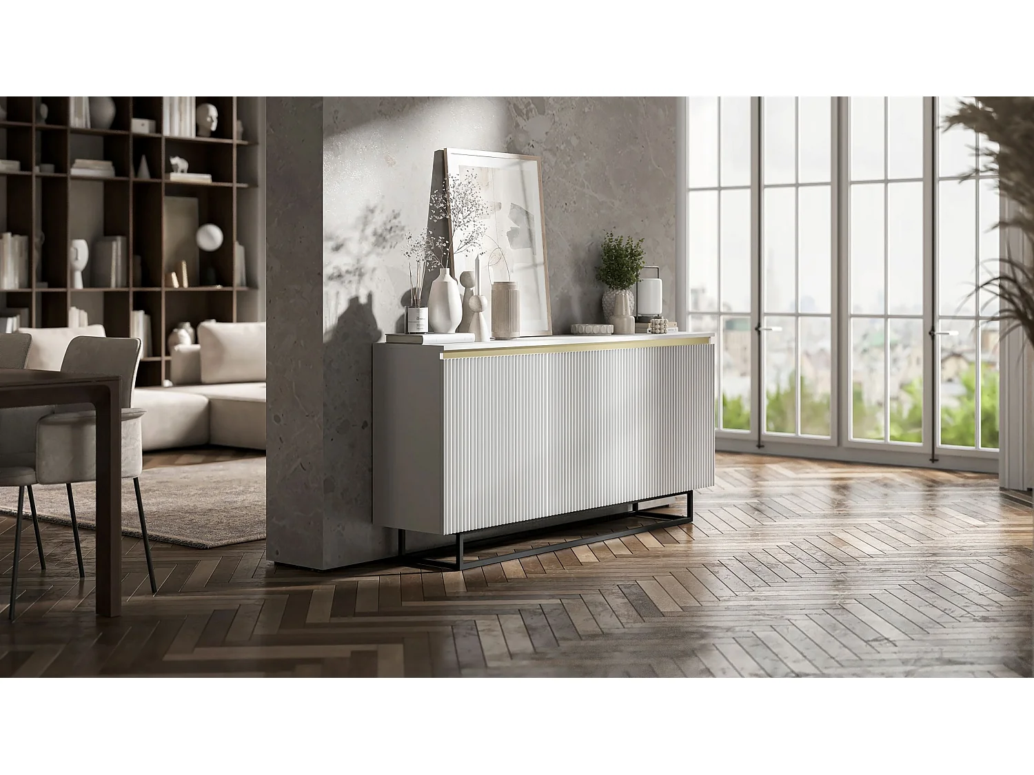 Commode à 3 portes – corps blanc mat, façades rainurées blanc mat – 166.8 cm, Cadre en métal noir