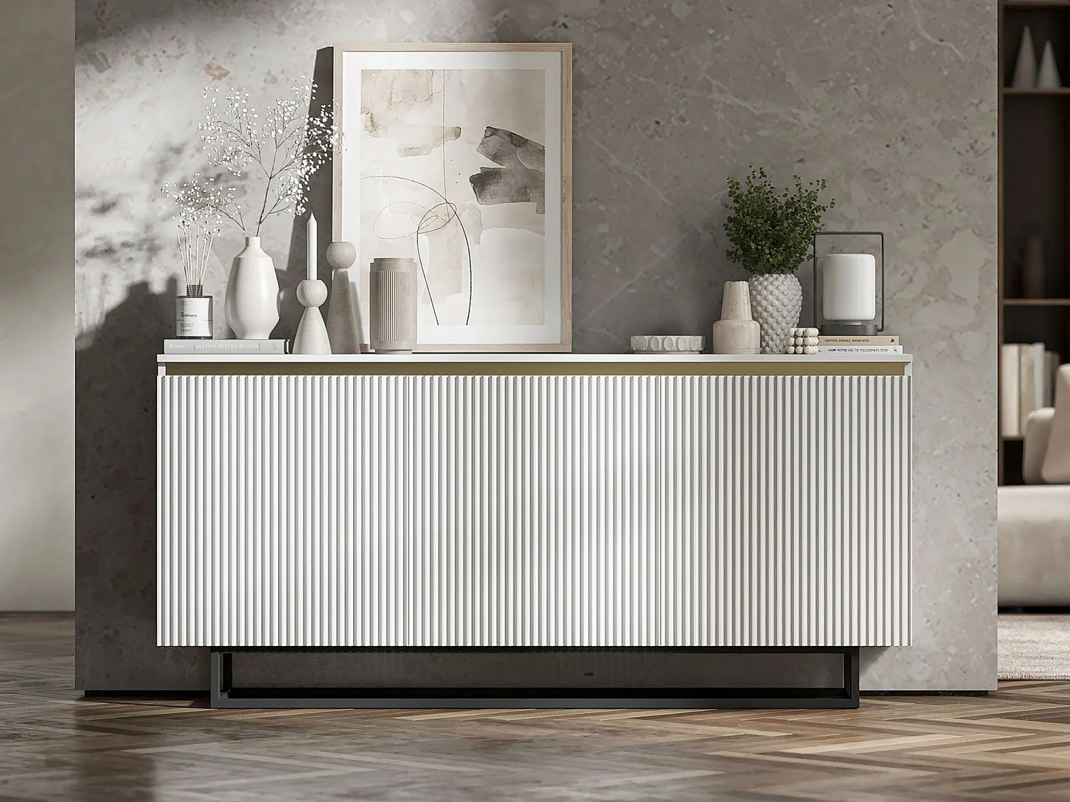 Commode à 3 portes – corps blanc mat, façades rainurées blanc mat – 166.8 cm, Cadre en métal noir