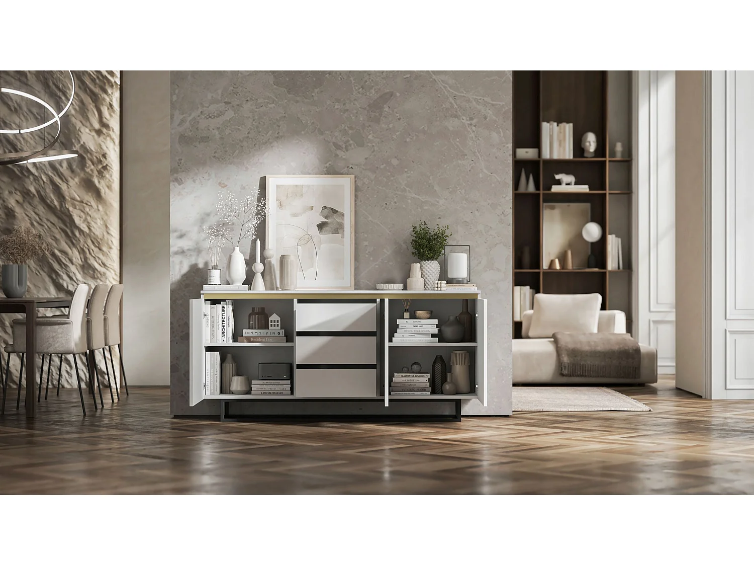 Commode à 3 portes – corps blanc mat, façades rainurées blanc mat – 166.8 cm, Cadre en métal noir