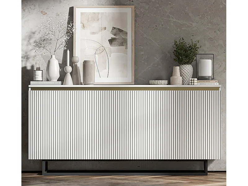Commode à 3 portes – corps blanc mat, façades rainurées blanc mat – 166.8 cm, Cadre en métal noir