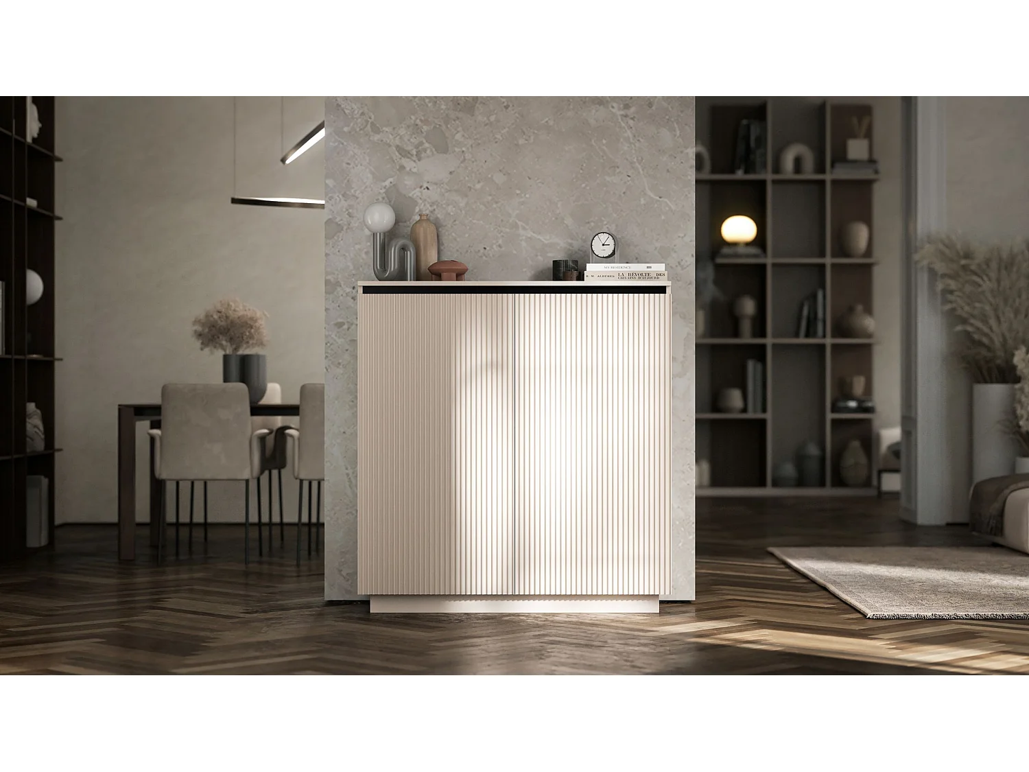 Commode à 2 portes – corps cachemire mat, façades rainurées cachemire mat – 110,8 cm, sur socle